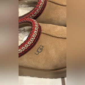 UGG Brown Suede Slip-Ons with Red and Cream Trim